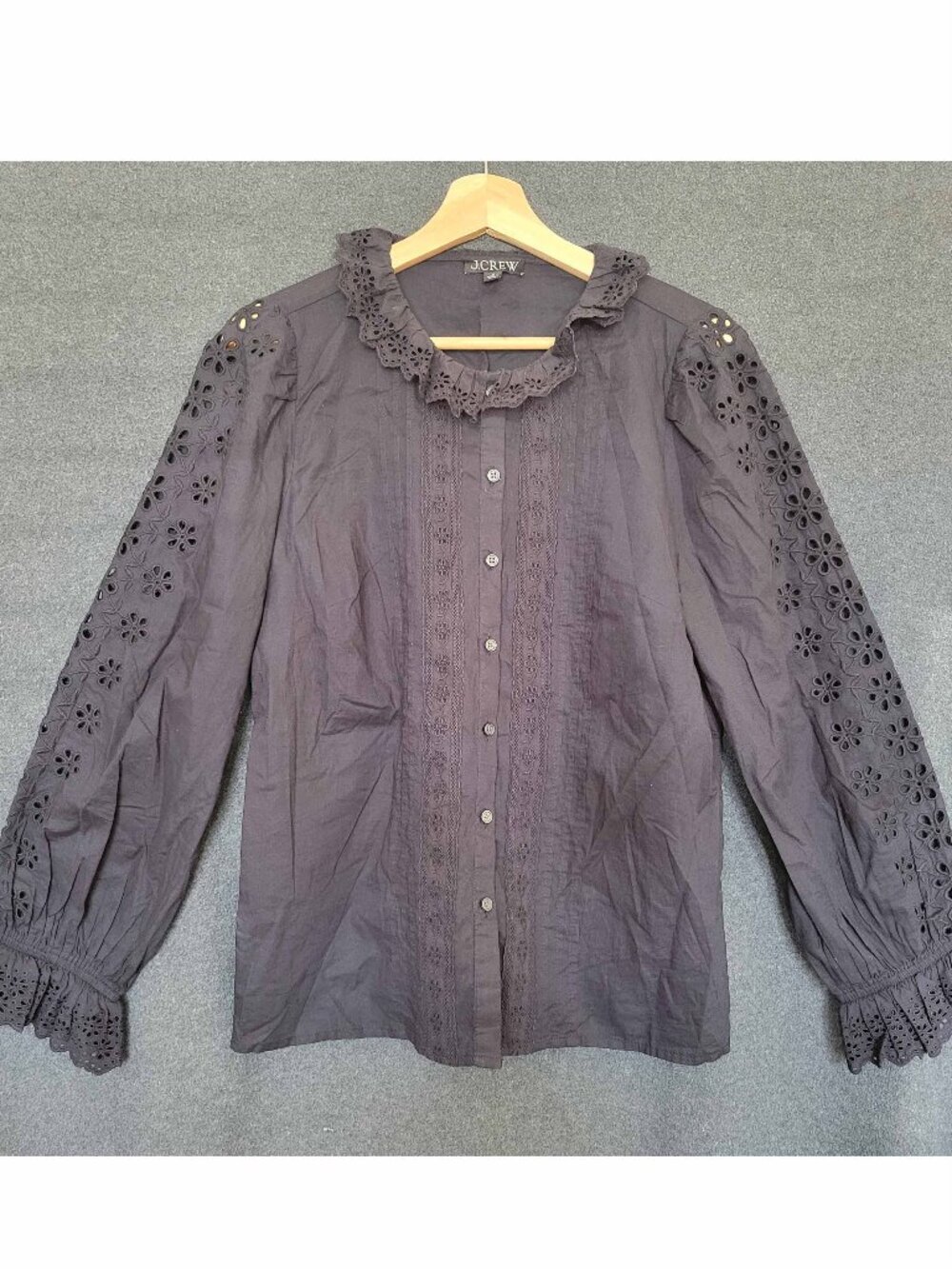 J.Crew Black Eyelet Ruffle Sleeve Button Up Blouse M Victorian Romantic Modest